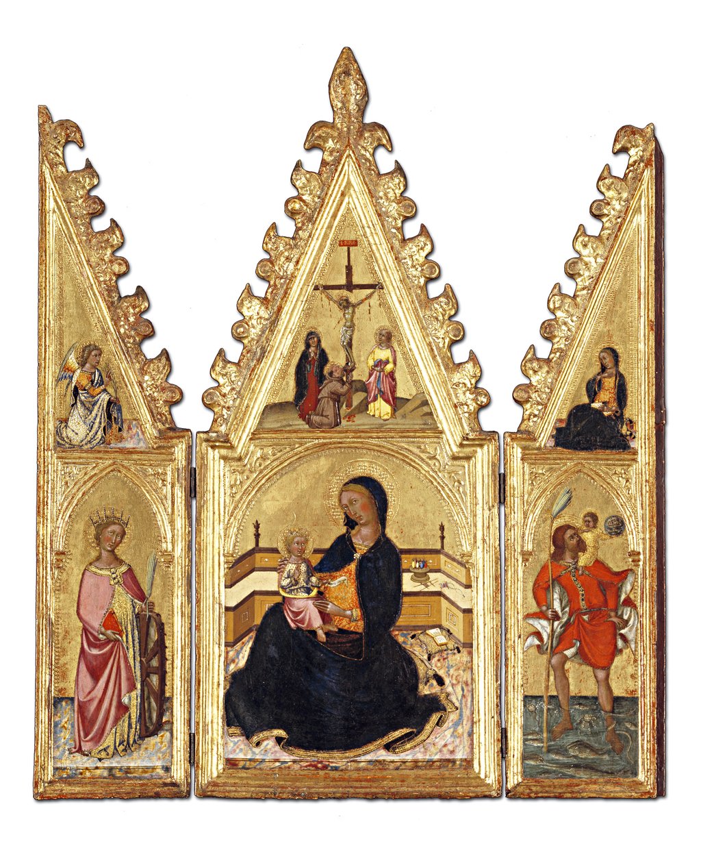 Ödmjukhetens madonna med den heliga Katarina av Alexandria, den helige Christopher, bebådelsen och korsfästelsen, ca 1370-75 (tempera på panel) av Niccolo di Buonaccorso