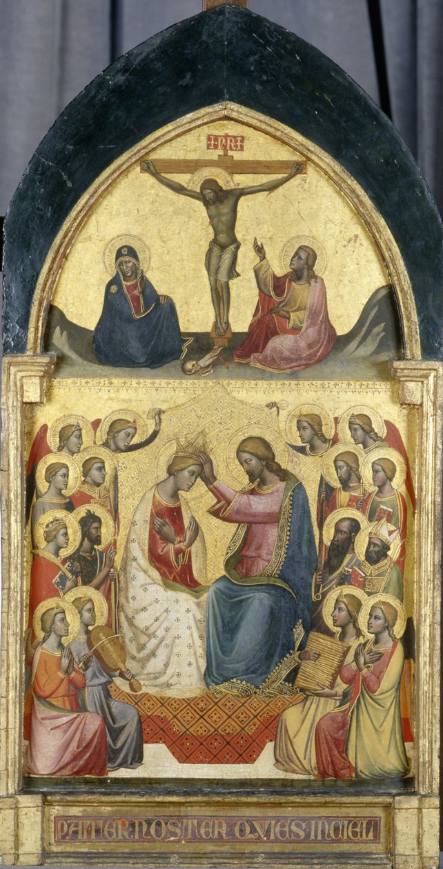 Jungfruns kröning med änglar, helgon och korsfästelsen, c.1405 (tempera på poppelträ) av Niccolo di Pietro workshop of Gerini