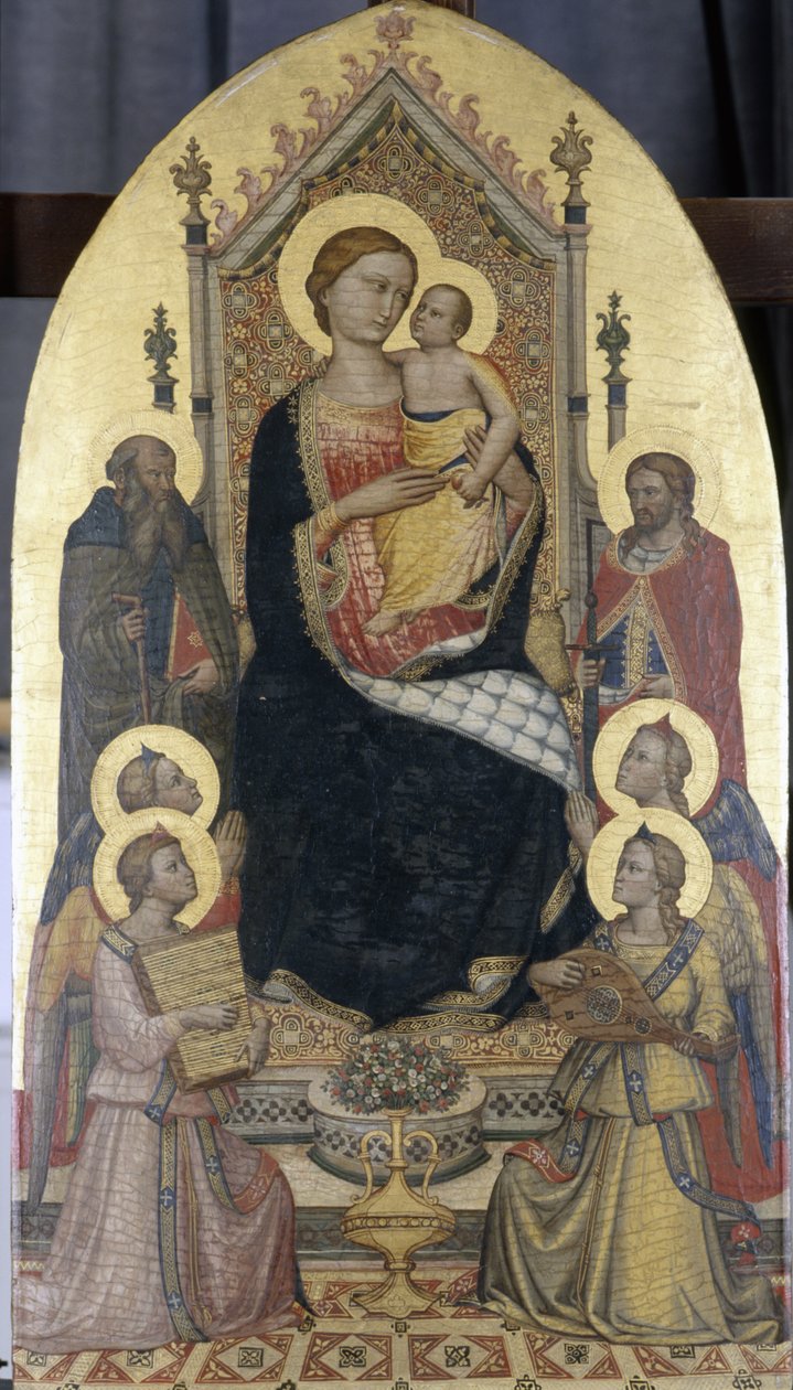 Madonna på tronen med barnet, Saints Anthony och Julian och fyra änglar (tempera på poppelträ) av Niccolo di Pietro workshop of Gerini