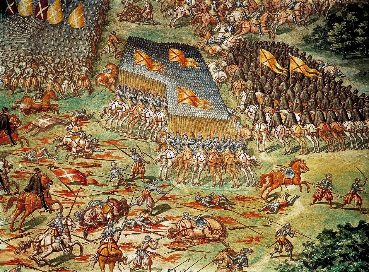 Slaget vid St. Quentin (Saint Quentin), som såg spanjorernas seger över fransmännen 1557, under de italienska krigen, detalj med kavalleriattack av Niccolo (and workshop) Granello