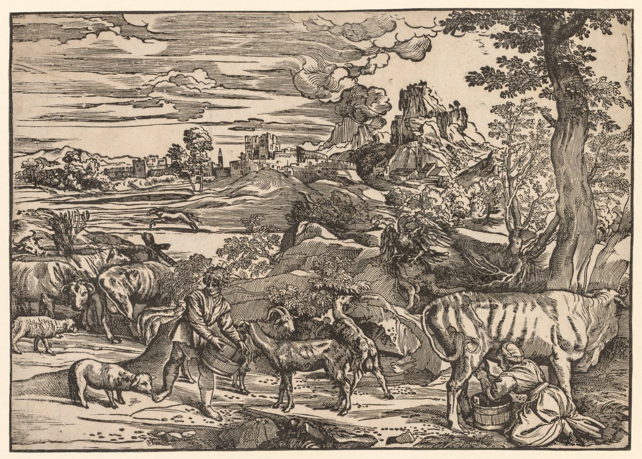 Landskap med en mjölkpiga, ca. 1525. av Niccolo Boldrini