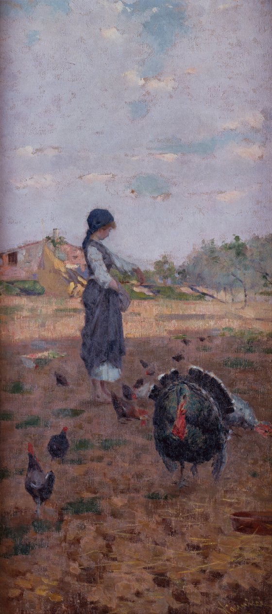 En ung flicka som matar kalkoner (olja på duk) av Niccolo Cannicci