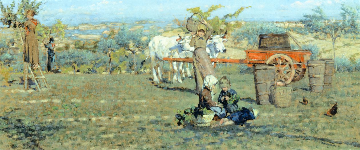 På fälten, ca 1891, av Niccolo Cannicci (1846-1906). Olja på duk, 41,5x90,5 cm. av Niccolo Cannicci