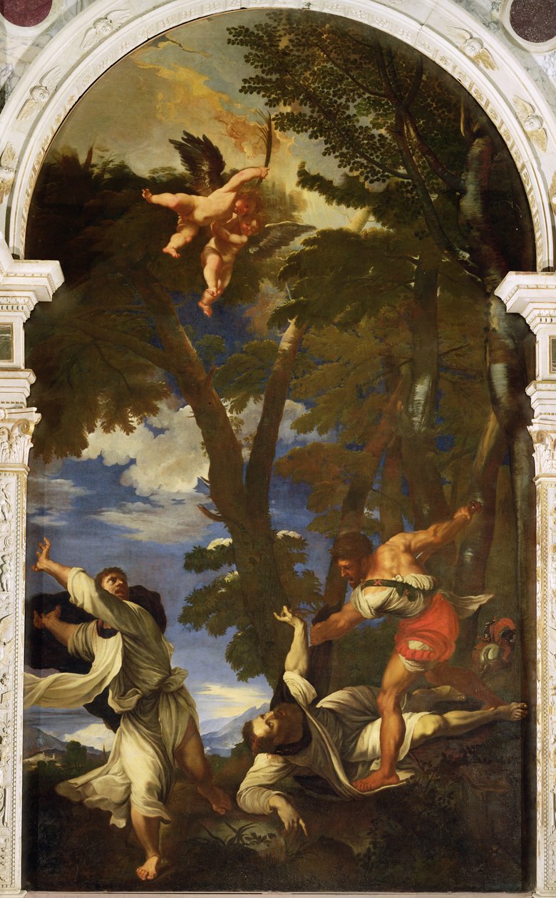 St Peter Martyr knivhögg av hyrda lönnmördare (kopia av målningen av Tizian förlorad i branden i Rosenkapellet) av Niccolo Cassana