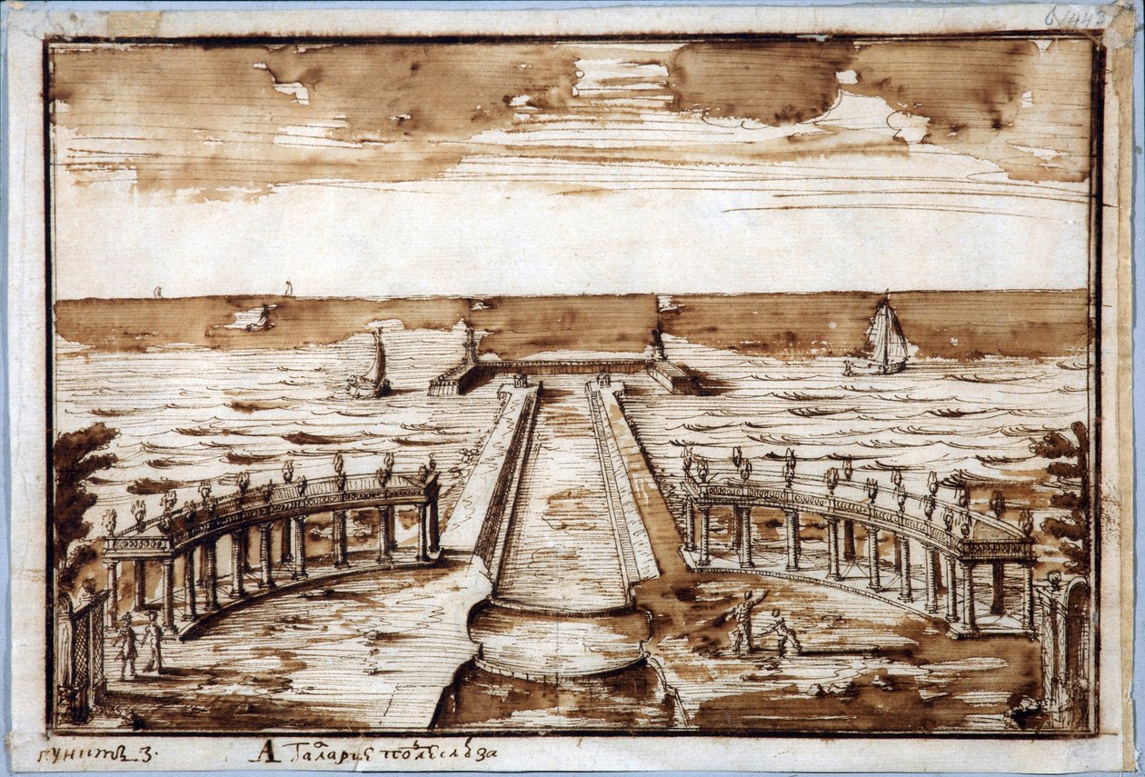 Kolonnad ""Curves Gallery"" vid Gateway i Peterhof. Projekt - Nicola Michetti (1675-1759). Penna, brunt indiskt bläck på papper av Niccolo Michetti