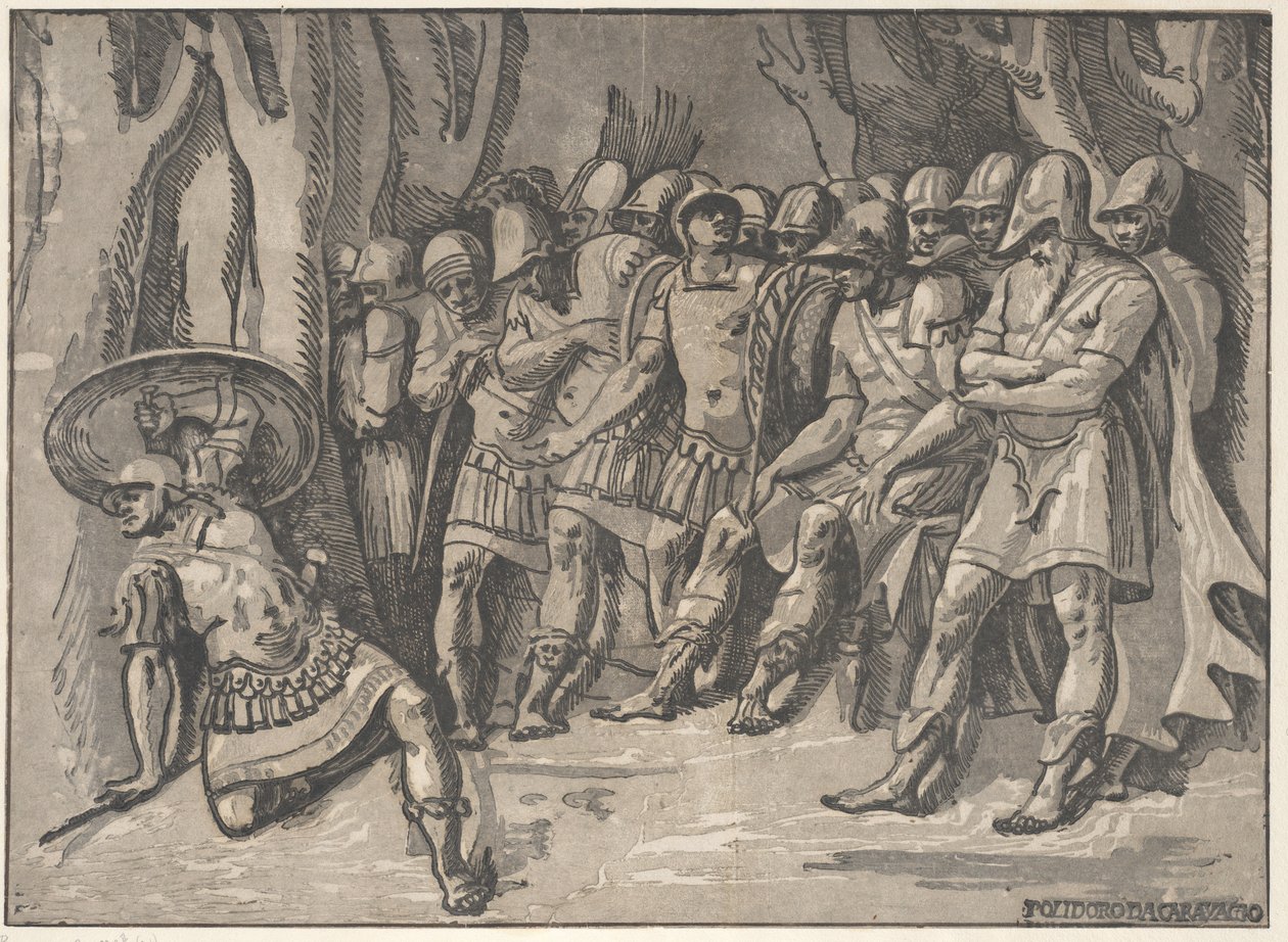 Ajax nedre vänster håller en sköld högt, till höger står Agamemnon omgiven av hans..., 1540-50. av Niccolo Vicentino