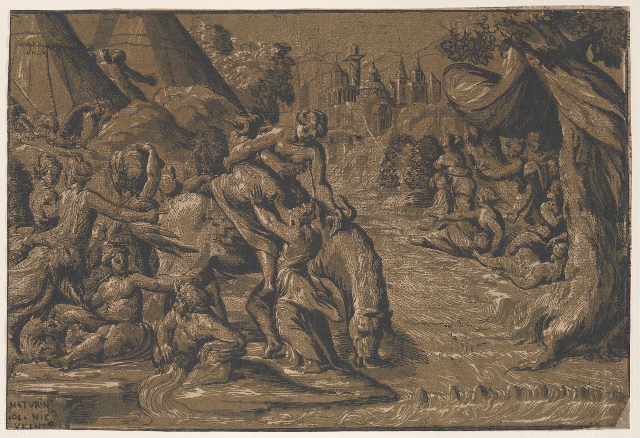 Cloelia, den romerska hjälten i centrum som hjälps upp på en häst, Rom i bakgrunden,..., 1540-50 av Niccolo Vicentino