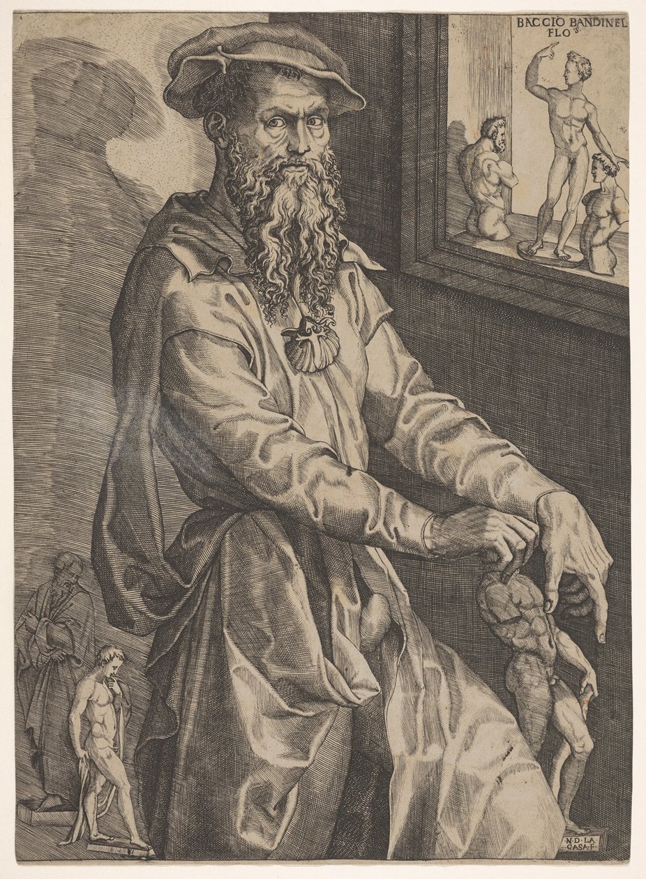 Porträtt av Baccio Bandinelli, i trekvartslängd bredvid en fönsterruta innehållande..., ca. 1540-48. av Niccolo della Casa