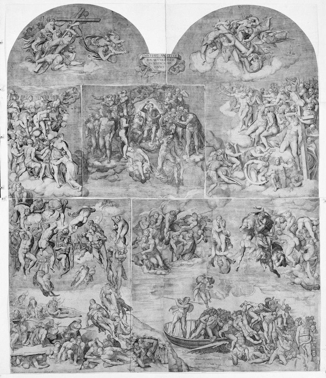 Trumpeterande änglar och fördömda själar som dras ner av djävlarnas nedre mitt och högra sek..., 1548. av Niccolo della Casa