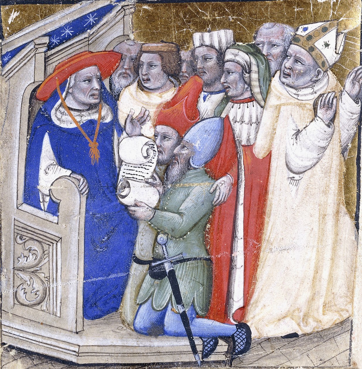 En kardinal som sitter i dom över en biskop, anklagad av två lekmän, ca 1380 (färg och bladguld på veläng) av Niccolo di Giacomo