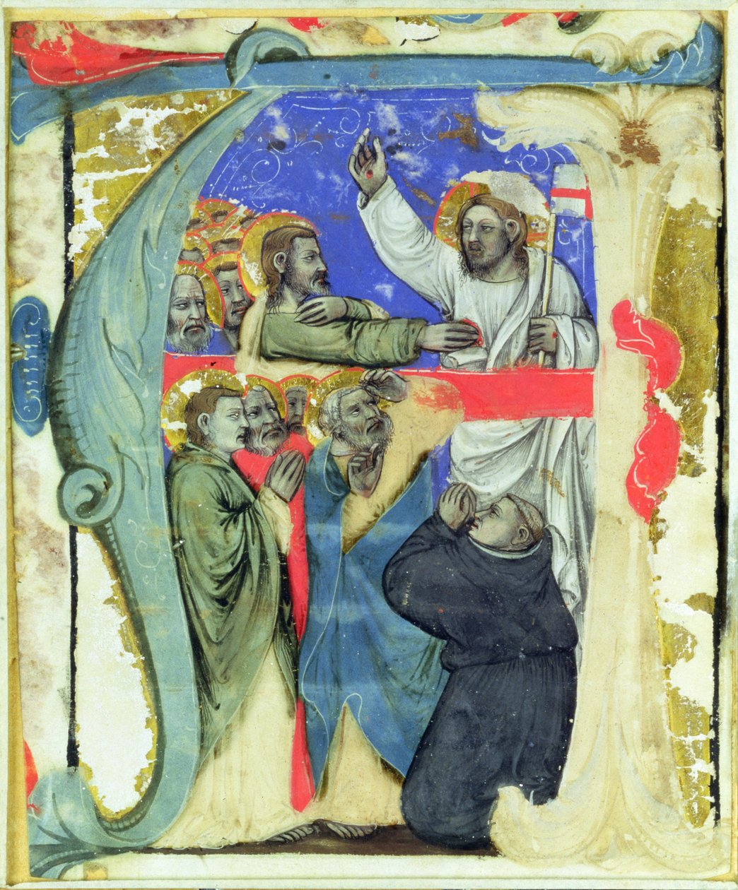 Historikert initial "A" som visar The Incredulity of St. Thomas, c.1370 av Niccolo di Giacomo