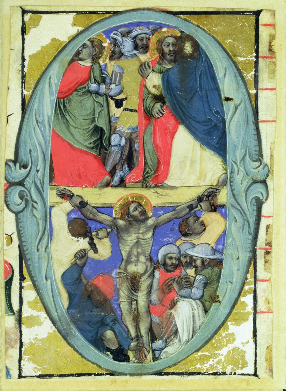 Historiserad initial "O" som föreställer Judas kyss och korsfästelsen, ca 1370. av Niccolo di Giacomo