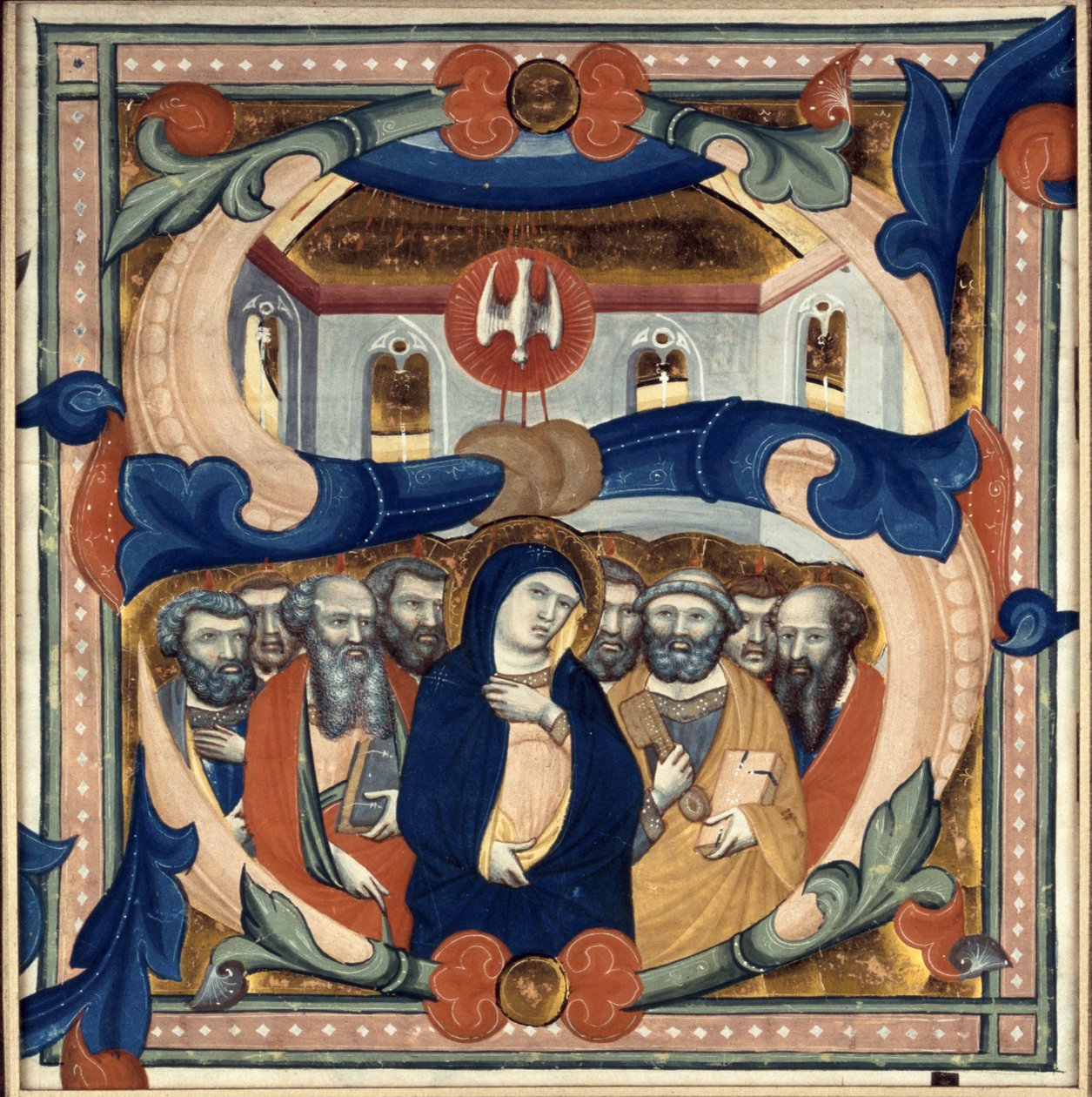 Historikert initial "S" som visar den Helige Andes nedstigning, mitten av 1300-talet av Niccolo di ser Sozzo Tegliacci