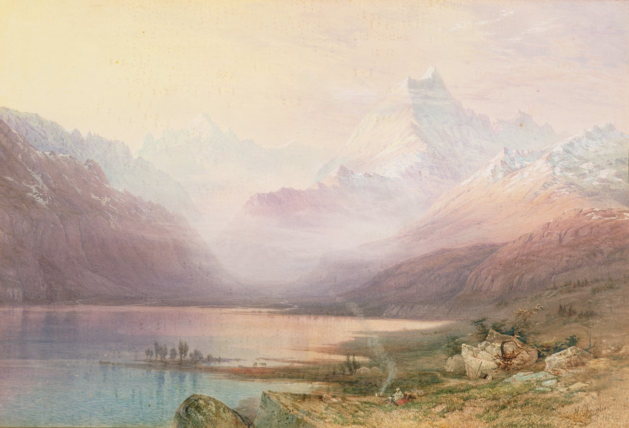 Mount Cook och Lake Pukaki, Sydön, Nya Zeeland, 1872 av Nicholas Chevalier