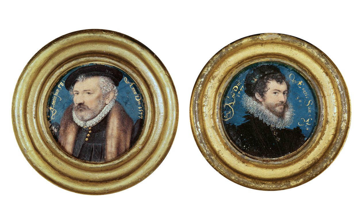 LtoR:Richard Hilliard (151819-94) konstnärens far, ca 1577, och självporträtt, 1577 (wc på veläng på kortet) av Nicholas Hilliard
