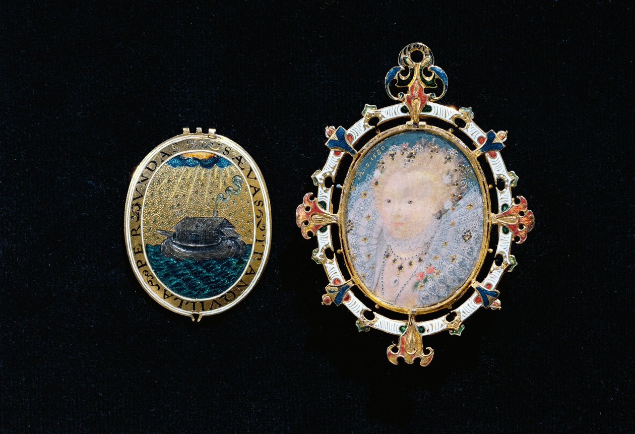 Heneage-juvelen eller Armada-juvelen, miniatyr av drottning Elizabeth I innesluten i ett juvelförsett fodral, ca 1595 (emaljerat guld, bordslipade diamanter, burmesiska rubiner, bergskristall och en miniatyr) av Nicholas Hilliard