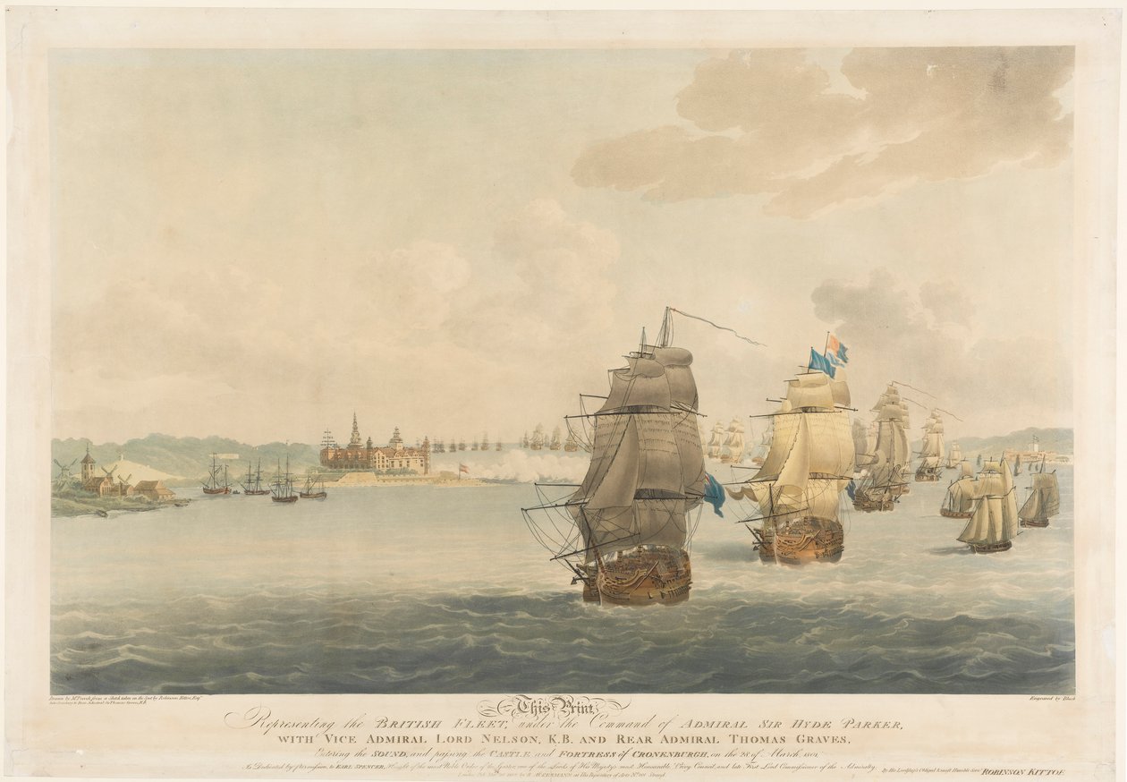 Efter Pocock, Detta tryck föreställer den brittiska flottan under befäl av amiral Sir Hyde Parker, med viceamiral Lord Nelson, K.B. och konteramiral Thomas Graves av Nicholas (after) Pocock