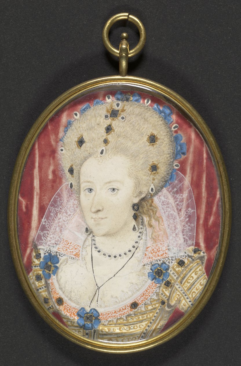 Anne av Danmark, ca 1600 (gouache på veläng på kortet) av Nicholas (studio of) Hilliard
