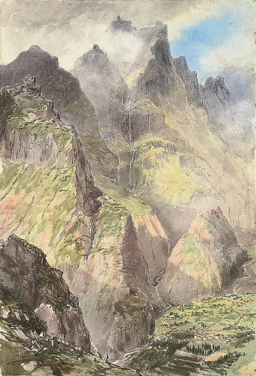 Grande Curral, Madeira, med ett sällskap turister i förgrunden och Pico Grande bortom (akvarell på papper) av Nicholas Chevalier