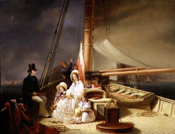 Mr Charles Ward med sin familj ombord på sin Cutter Yacht "Guerilla" (olja på panel) av Nicholas Condy