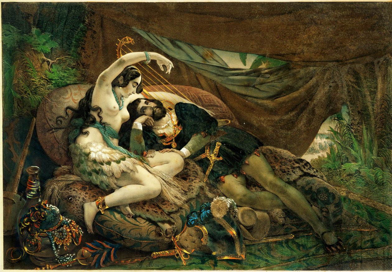 Mexikanskan Alaida, syster till aztekhövdingen Zingari, med Cortes i hans tält... av Nicholas Eustache (after) Maurin