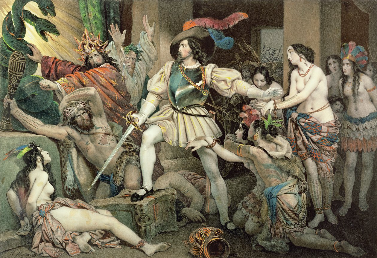 Erövringen av Mexiko: Hernando Cortes (1485-1547) motsätter sig mänskliga offer av Nicholas Eustache Maurin