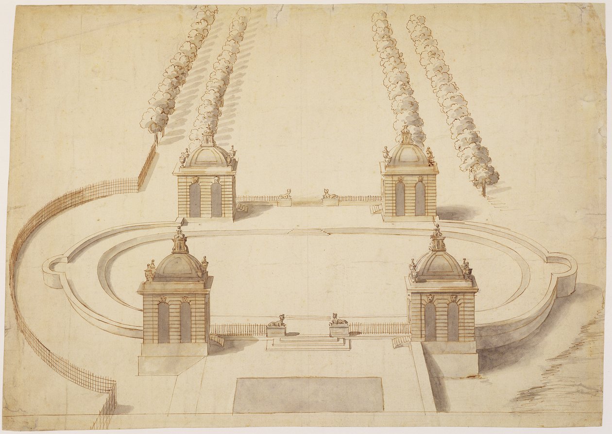 Design for a Bowling Green, Hampton Court, ca 1689-91 (penna och brunt bläck, tvätt och grafit på papper) av Nicholas Hawksmoor