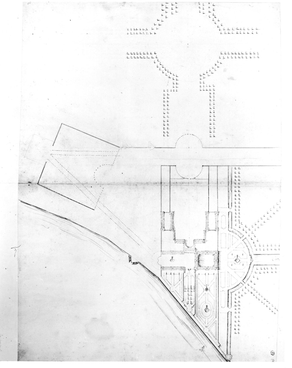 Platsritning av schema I, Hampton Court, 1689 (penna och bläck och penna på papper) av Nicholas Hawksmoor