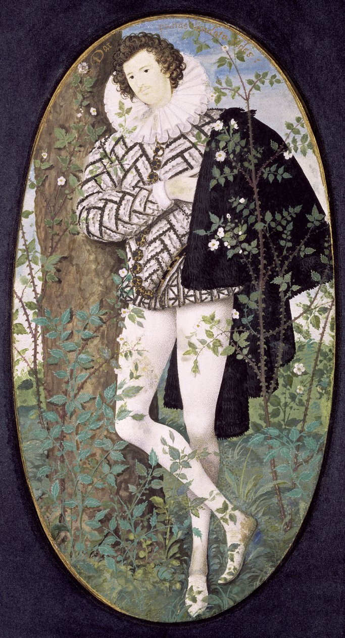 En ung man som lutar sig mot ett träd bland rosor (bodycolour på pergament) av Nicholas Hilliard