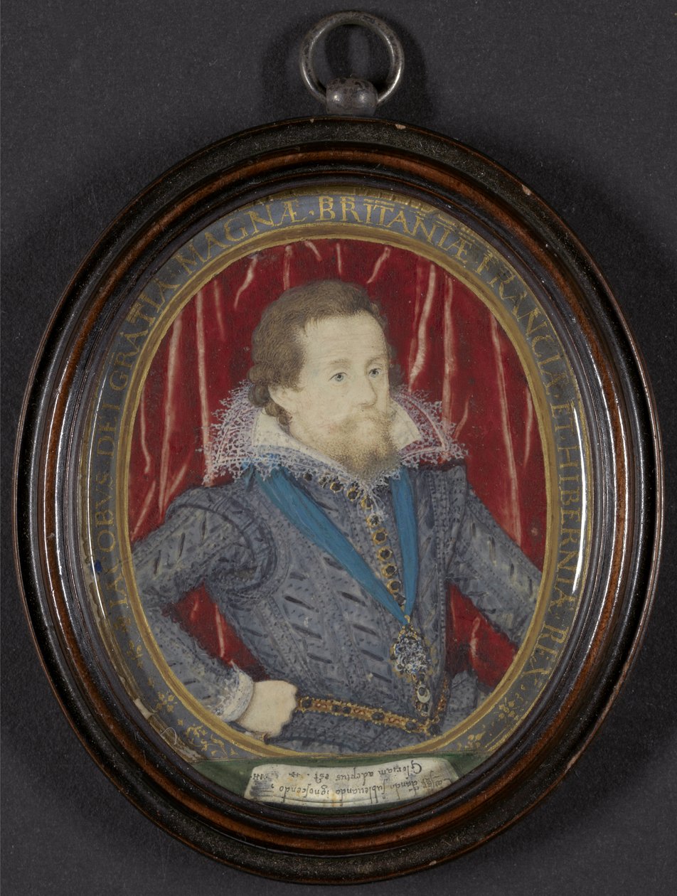 James I av England och VI av Skottland, ca 1610 (w/c, gouache och guld, penna och svart bläck på veläng) av Nicholas Hilliard