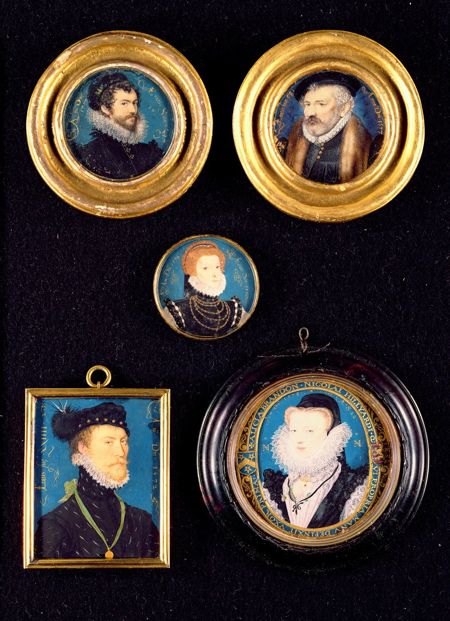 Miniatyrer av Hilliards far och mor, självporträtt och okända porträtt av man och kvinna av Nicholas Hilliard
