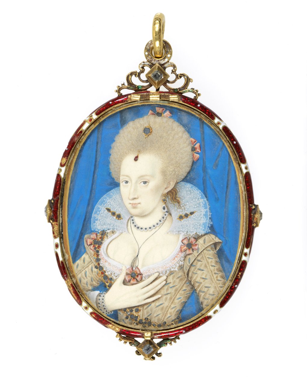 Nr 3855 Anne av Danmark (1574-1619) hustru till kung James I av England, ca 1610 (pall på spelkort) (se 109671 för fall) av Nicholas Hilliard