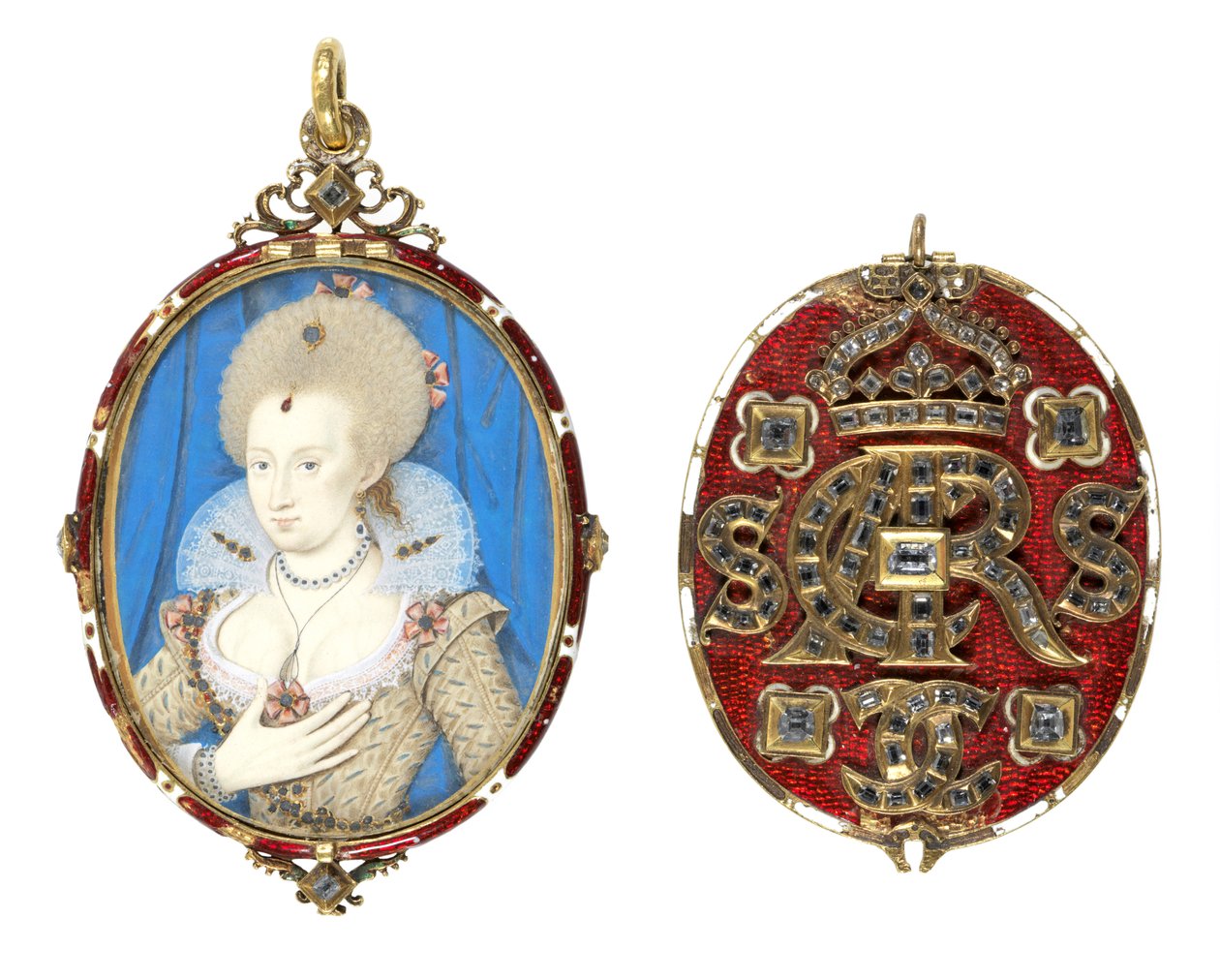 Porträtt miniatyr av drottning Anne av Danmark (1574-1619) med juvelbesatt omslag, ca 1611 (wc på veläng, emaljerad guldram satt med bordsdiamanter) (se även 69710) av Nicholas Hilliard