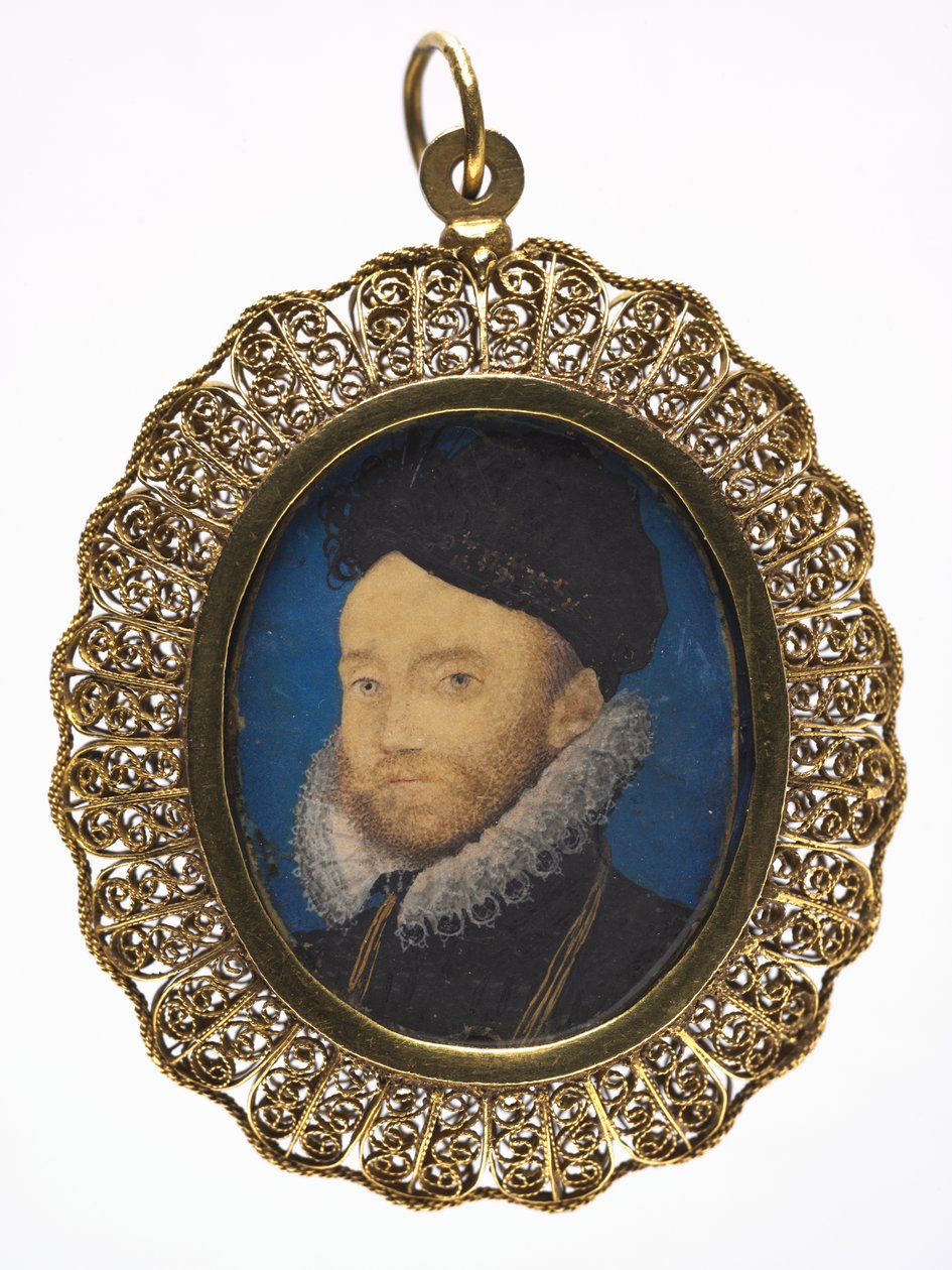 Porträtt av en man, ca 1590 (w/c på veläng i en senare förgylld metallram) av Nicholas Hilliard