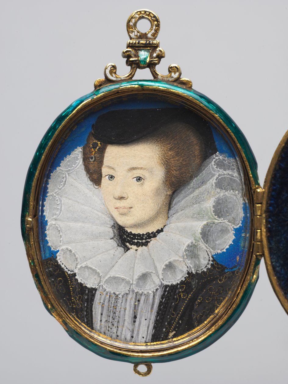 Portrait of a Woman, ca 1593 (akvarell på veläng i en medaljongram av guld och emalj) av Nicholas Hilliard