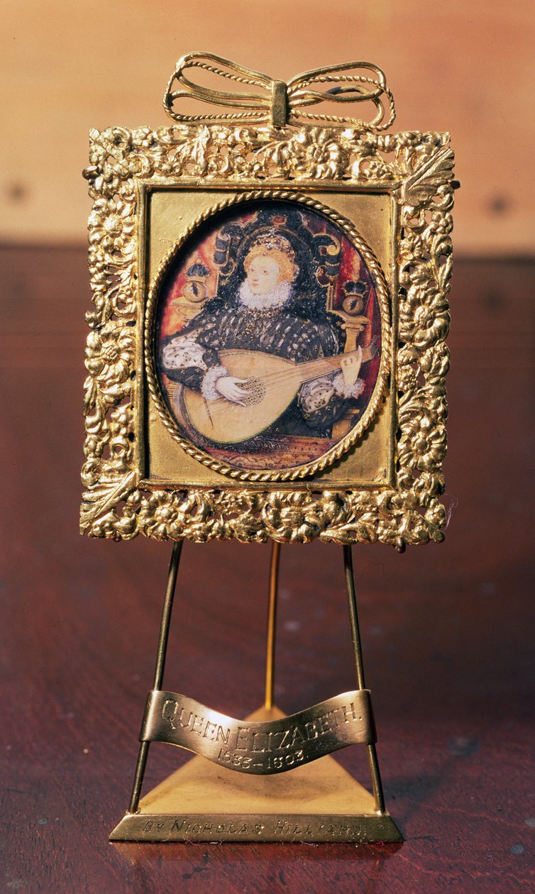 Drottning Elizabeth I spelar luta (miniatyr inklusive mässingsstativ) (se även 75751) av Nicholas Hilliard