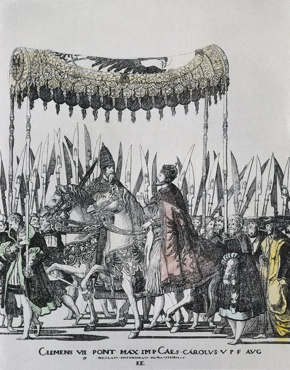 HOGENBERG, Nicolas (1500-1539). Karl V:s kröning i Bologna. CHARLES V (1500-1558). Helige romerske kejsare (1519-1556) och kung av Spanien (1516-1556), som Karl I.; CLEMENT VII (1478-1534). Påve mellan 1523 och 1534. Gravyr av Nicholas Hogenberg