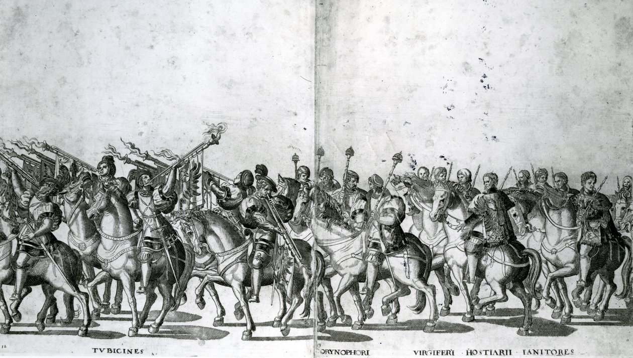 Plåt 12 och 13 av påven Clemens VII och kejsar Karl V:s inresa i Bologna den 24 februari 1530, publicerad ca 1530 av Nicholas Hogenberg