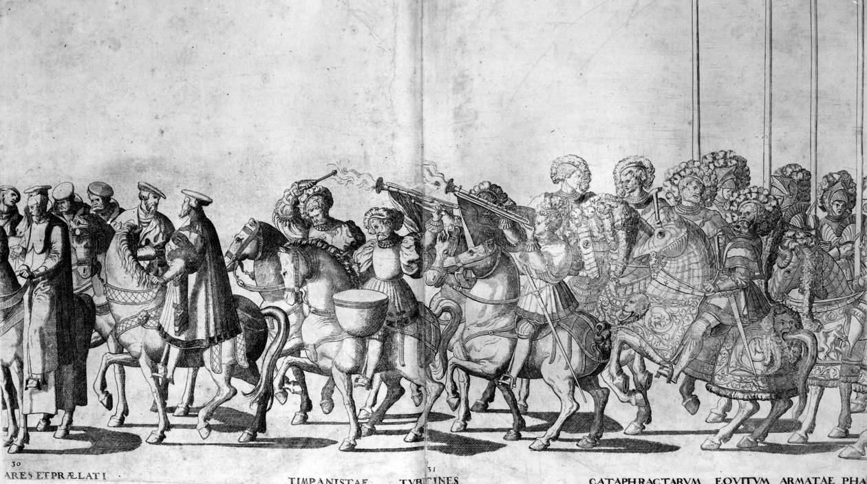 Plåt 30 och 31 av påven Clemens VII och kejsar Karl V:s intåg i Bologna den 24 februari 1530, publicerad ca 1530 av Nicholas Hogenberg