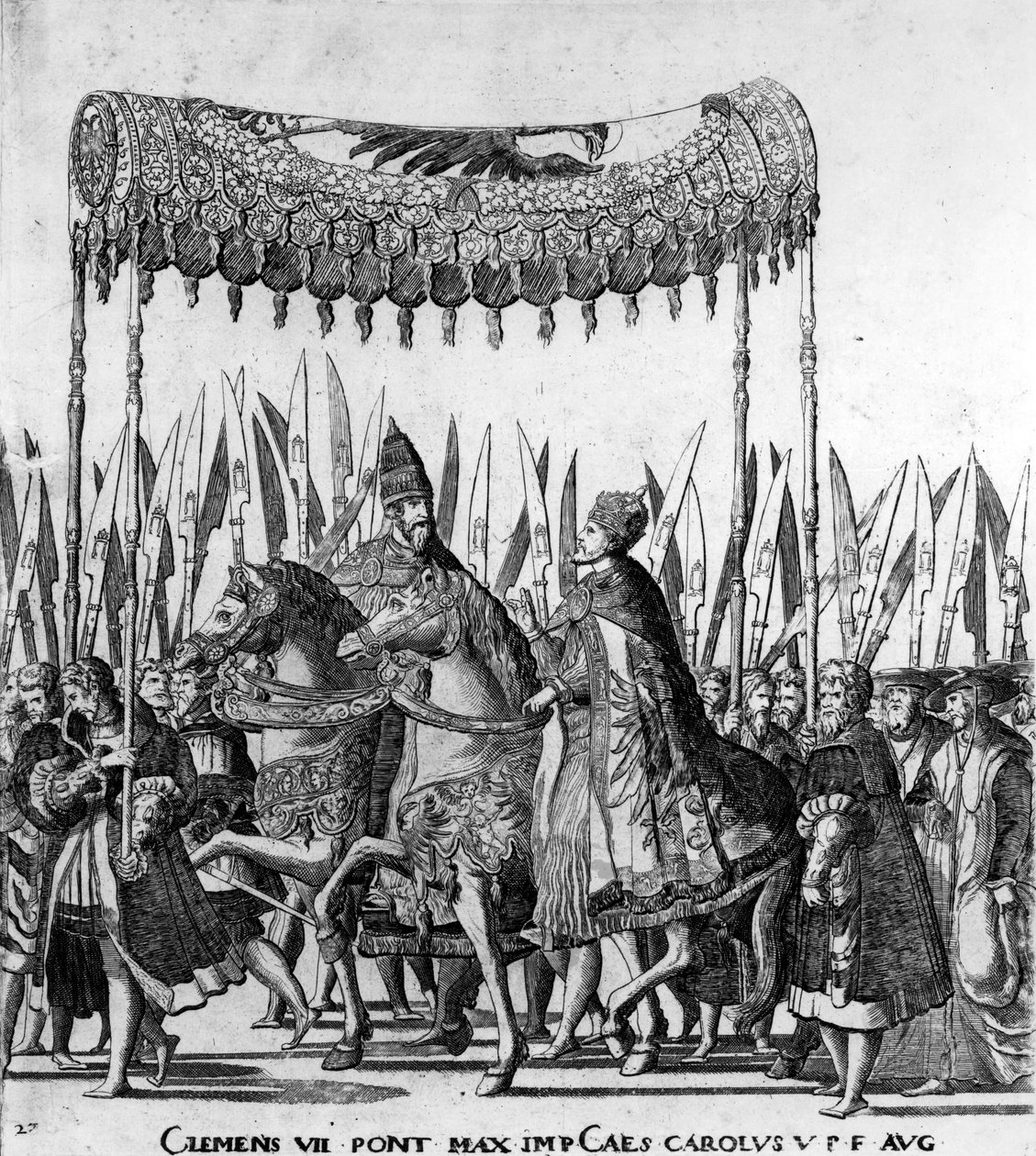Påven Clemens VII och kejsar Karl V:s intåg i Bologna den 24 februari 1530, skylt 27, ca 1530 (uppgift om 472273) av Nicholas Hogenberg