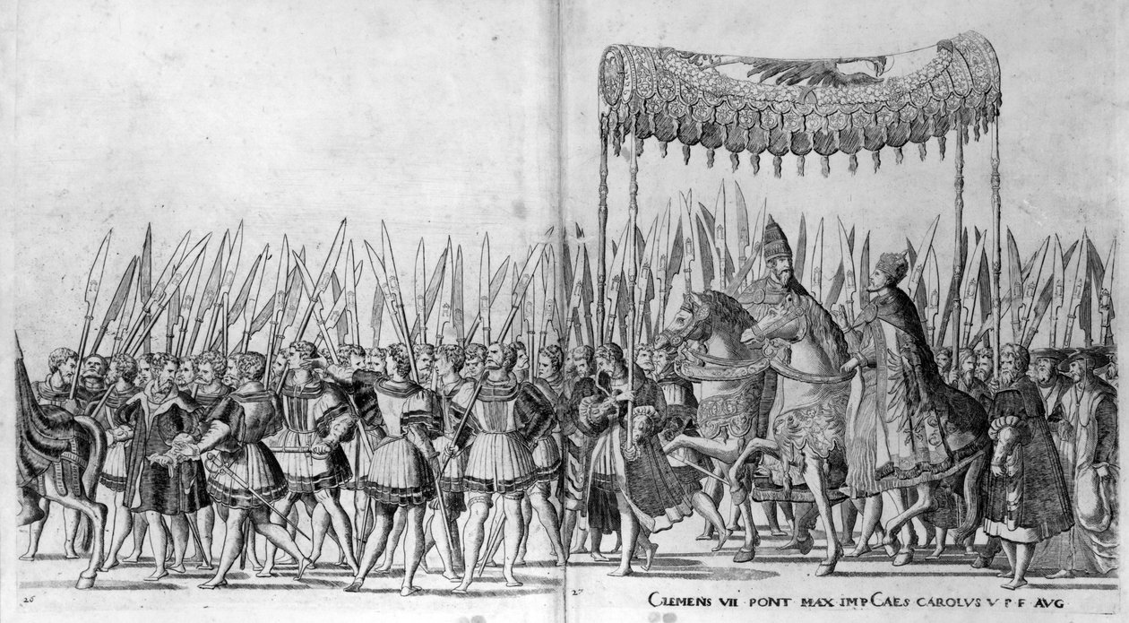 Påven Clement VII och kejsar Karl V:s intåg i Bologna den 24 februari 1530, skylt 27, ca 1530 av Nicholas Hogenberg