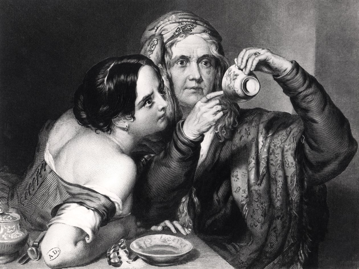 Förutsäga framtiden genom att läsa kaffesump, graverad av Charles William Sharpe (1818-99) av Nicholas Joseph Crowley