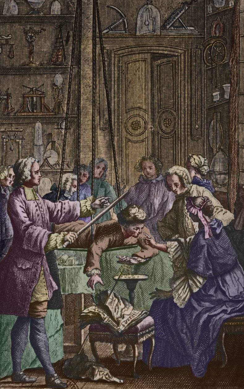 Elektriskt experiment gjort på en man av Abbe Jean Antoine Nollet (1700-70) i ett fysikerskåp, frontispiceillustration från Essai sur lelectricite des corps av Nollet, publicerad 1746, graverad av av Nicholas Lesueur