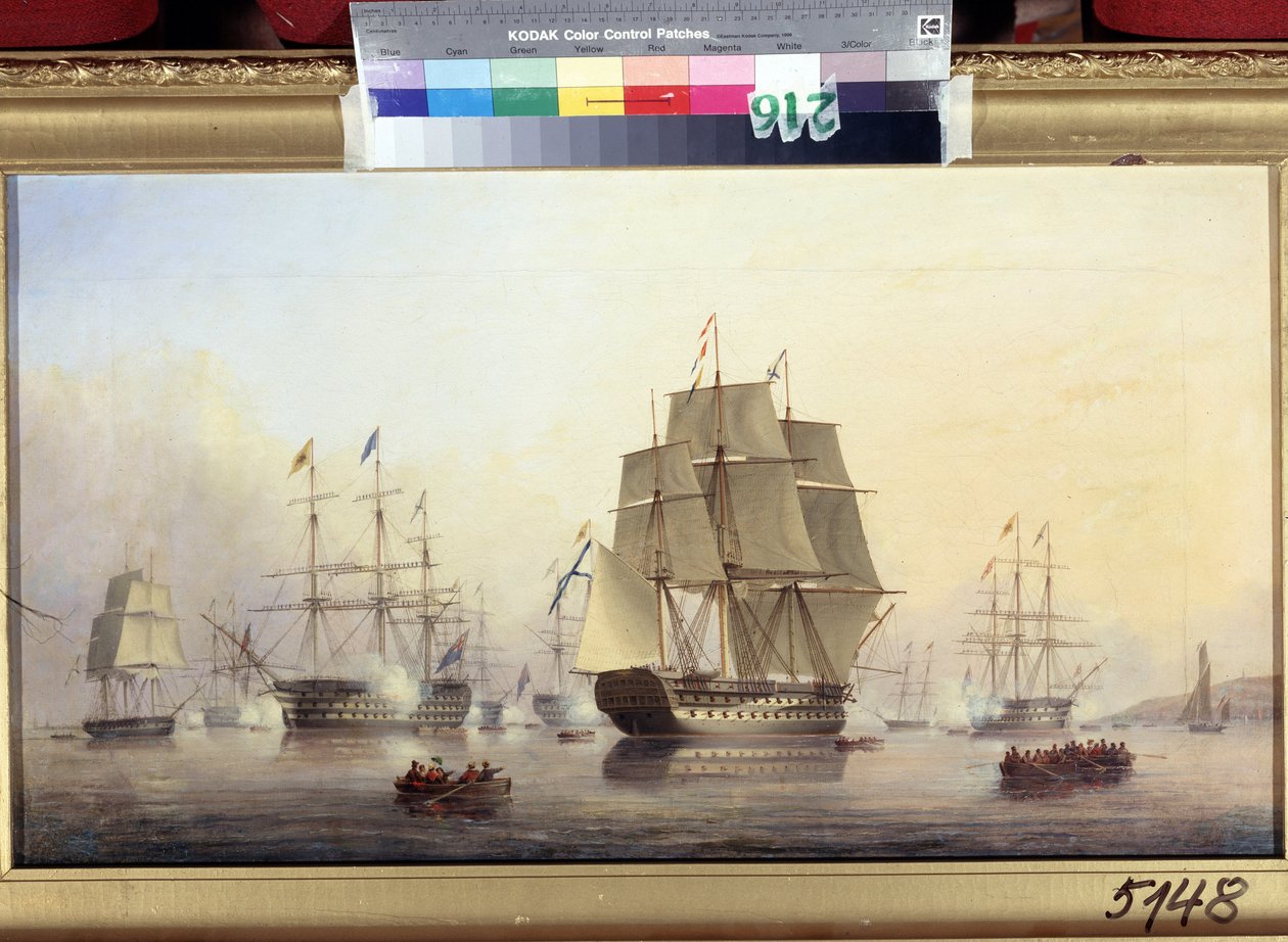 Kejsar Nicholas I (1796-1855) på besök i England (kejsar Nicholas I på besök i England). Båtarna avfyrar kanoner för att välkomna och fira Rysslands tsar. Målning av Nicholas Matthew Condy (1816-1851), olja på duk av Nicholas Matthews Condy