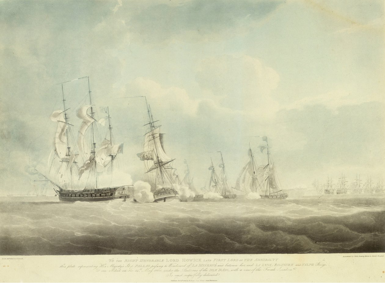 HMS "Pallas" passerar i vindriktningen från "La Minerve" och "La Lynx", "Palinure" och "Sylph av Nicholas Pocock