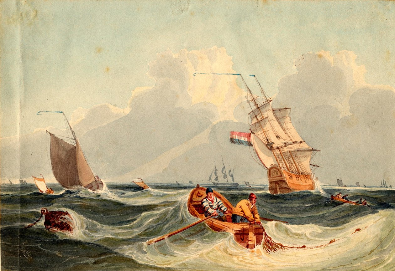 Seascape with Shipping (penna och akvarell på papper) av Nicholas Pocock