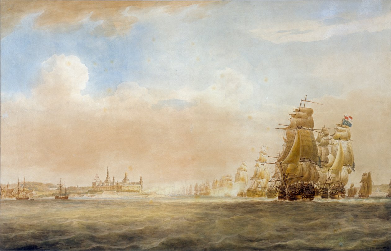Den brittiska flottan utanför Kronborgs slott, Helsingör, 28 mars 1801 [före slaget vid Köpenhamn] av Nicholas Pocock