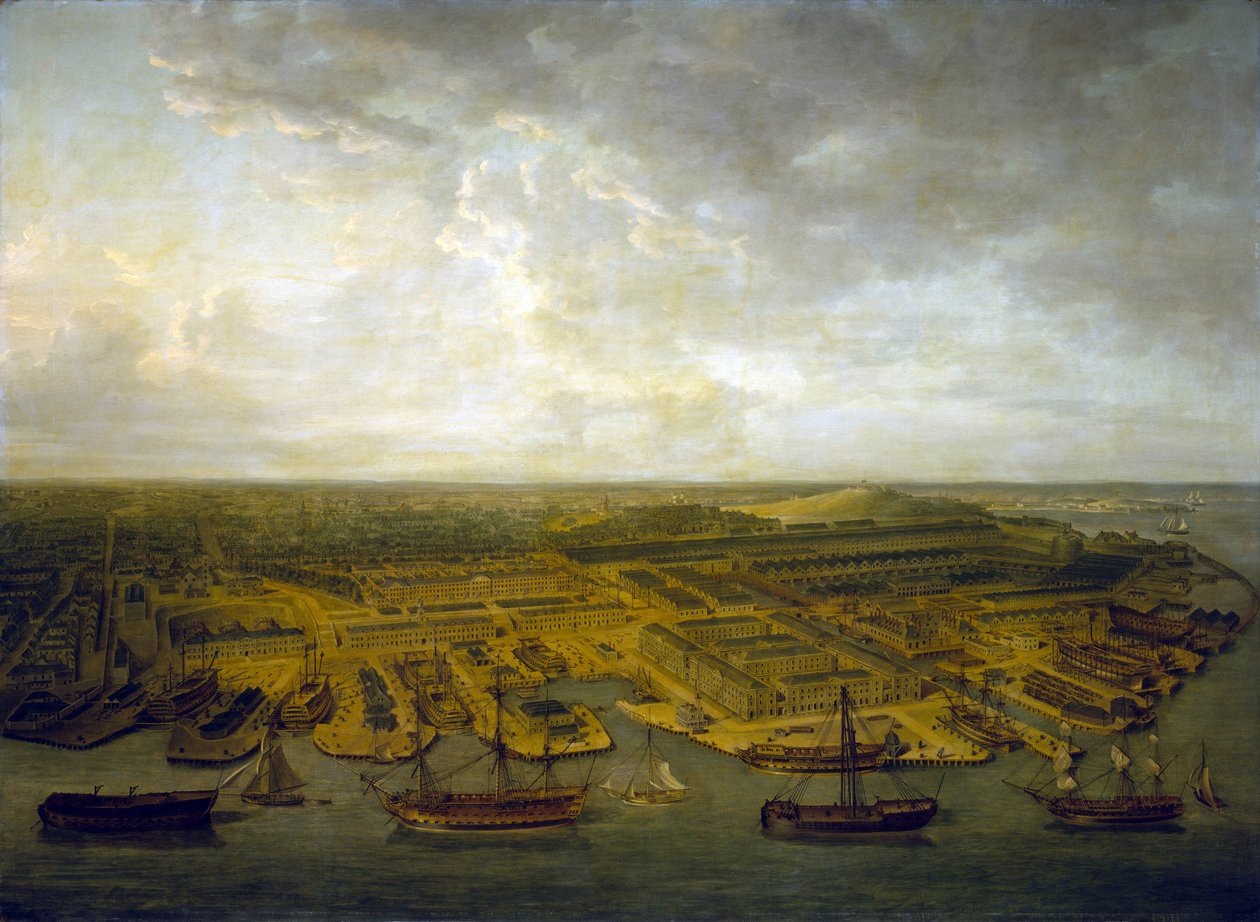 Hamnarna och hamnen i Plymouth (England). Olja på duk av Nicholas Pocock