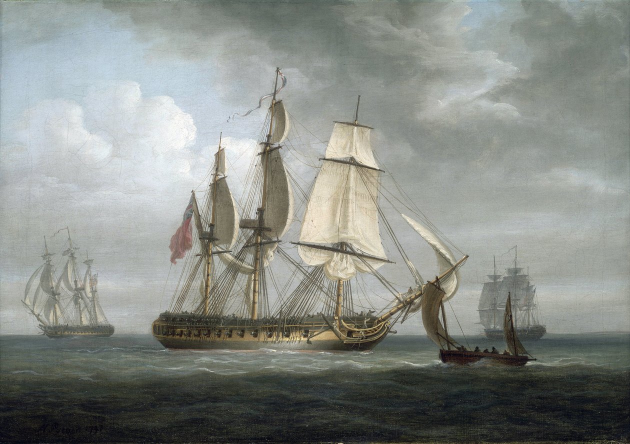 Fregatten "Triton", byggd i Deptford (England) 1796, tillsammans med andra fartyg. Olja på duk av Nicholas Pocock