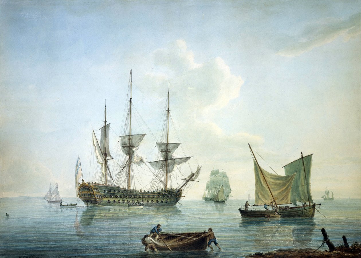 "Fregatt av tredje klass (70 kanoner), en fiskebåt och andra båtar utanför Englands sydkust av Nicholas Pocock